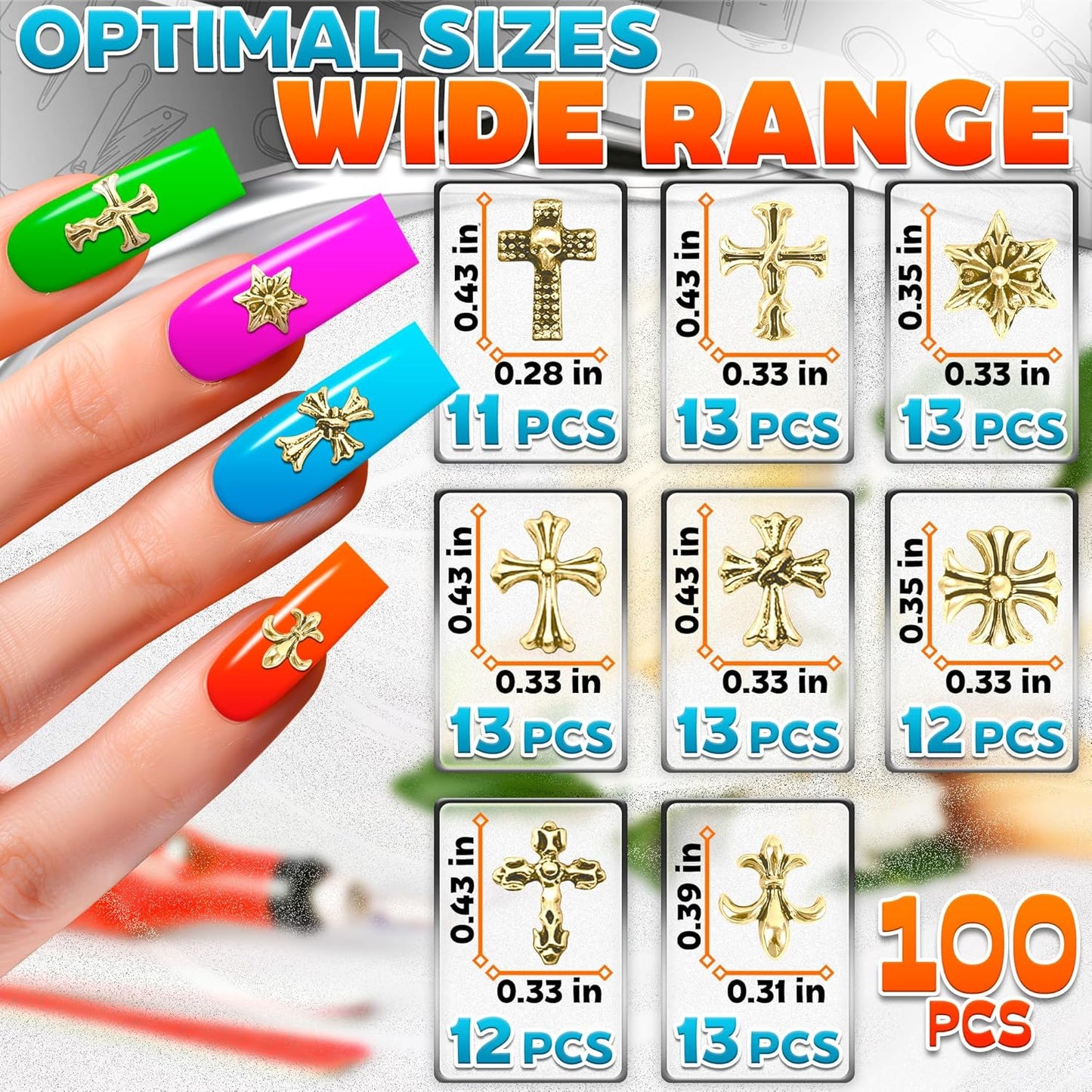 100 Pcs Silver Cross Nail Charms and Gems – 3D Acrylic Cross Charms for Nails for DIY & Professional Manicure – Easy-to-Apply & Durable Nail Decorations, Versatile for Y2K & Nail Studs
