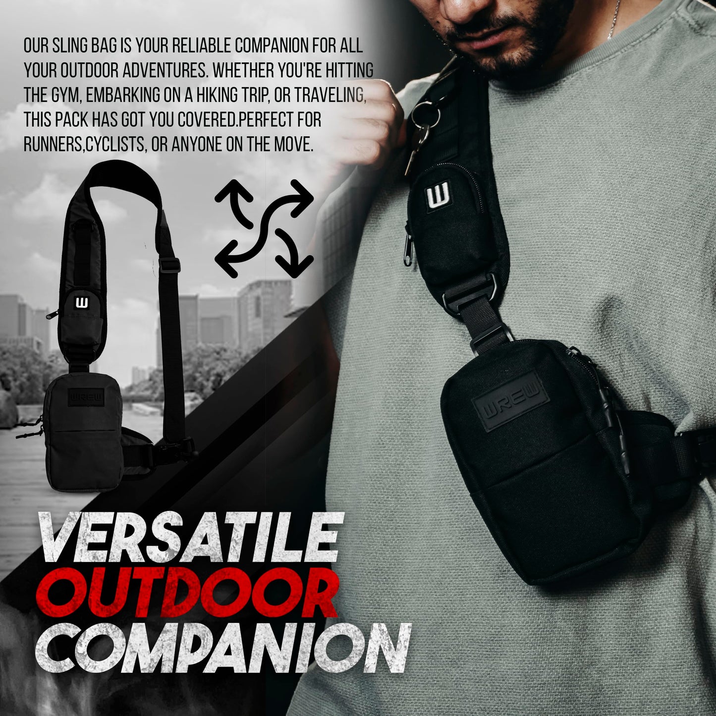 WREW Small Sling Bag for Men-Cross body bag with Shoulder Straps,Mini Sling Crossbody bag for Women-Travel Backpack for Hiking,Daypack Multipurpose Over the Shoulder Chest Bags with Keyholder(Black)