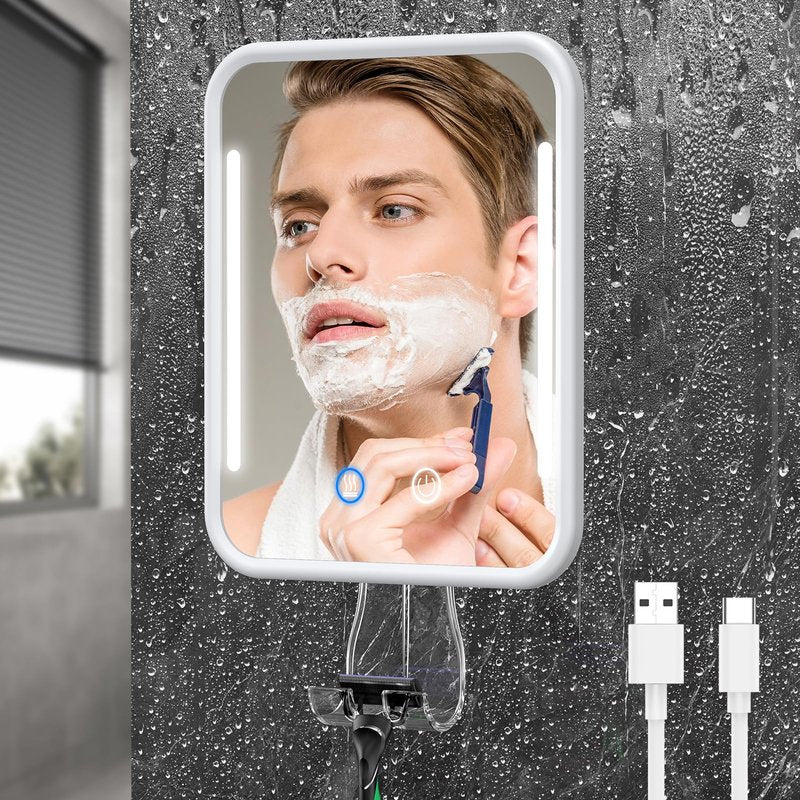 Glowtop Lighted Shower Mirror Fogless for Shaving with Light, 5000mAh Heated Fogless Mirror for Shower, Detachable Razor Holder and Suction Cup for Wall, NO-Drilling, Waterproof for Bathroom (White)