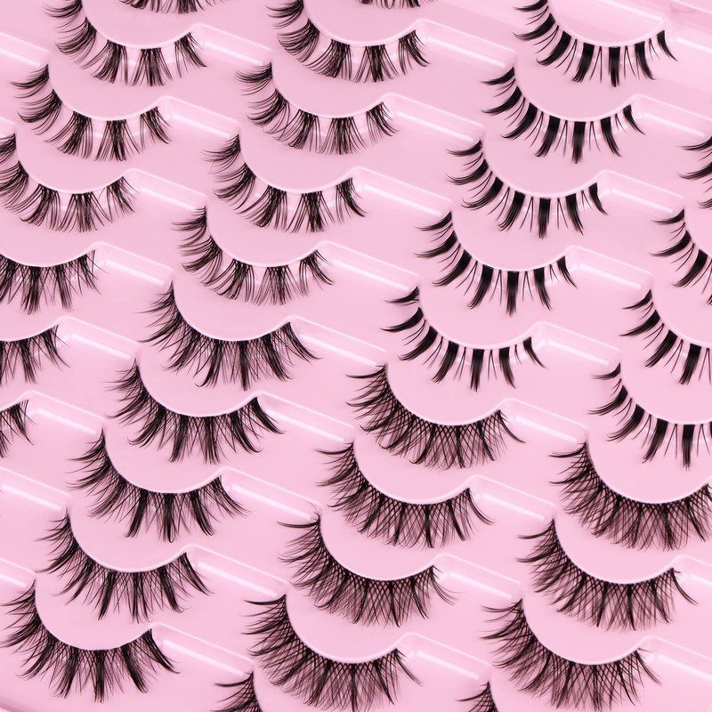 Manga Lashes Natural Look Anime False Eyelashes 20 Pairs Clear Band Individual Wispy Fake Eyelashes Strip Spiky DIY Cluster Lashes Extension C-curly Cat Eye Lashes Pack