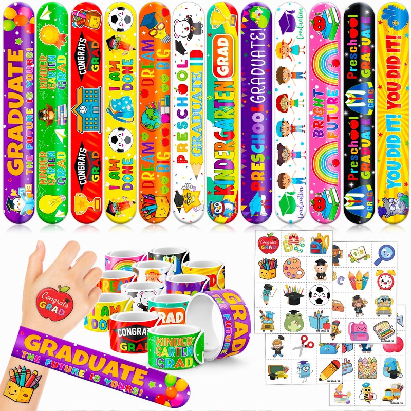 72 PCS Kindergarten Graduation Party Set - 48 Temporary Tattoos & 24 Slap Bracelets - Perfect for Themed Parties, Baby Showers, Classroom Rewards & Gifts for Kids