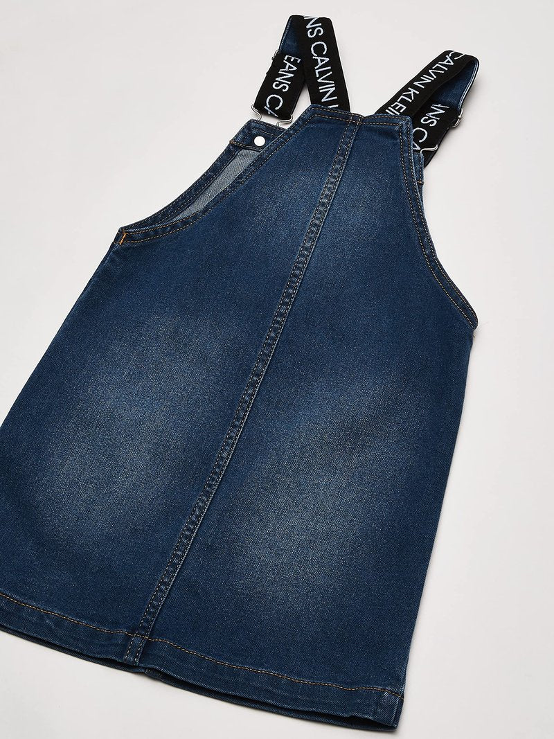 Calvin Klein Girls' Denim Skirtall Dress, Overall Style with Hook & Loop Closure, Boyfriend Fit, Functional Front Pocket, Authentic, 7