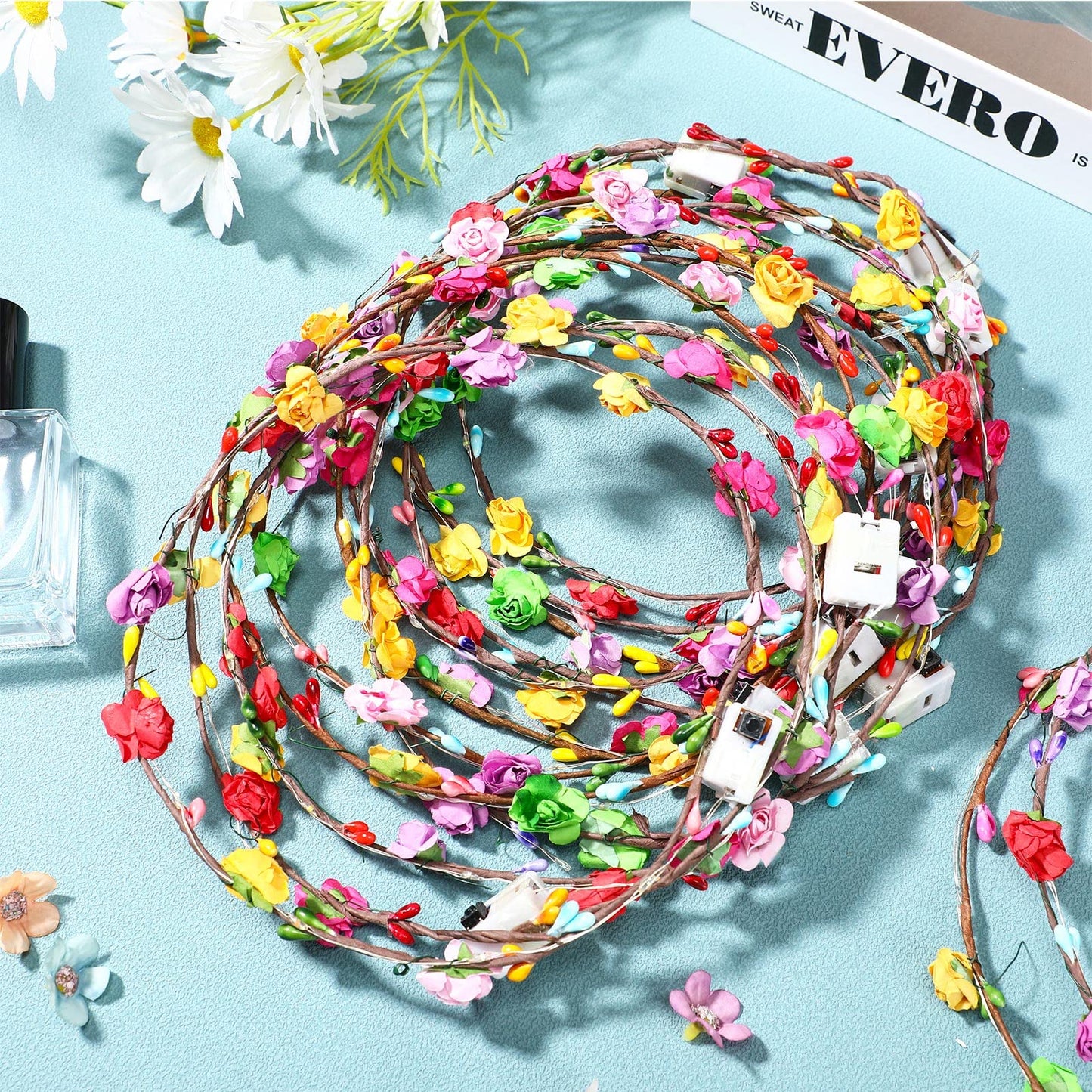 Syhood 50 Pcs LED Flower Crowns Headbands, Light up Flower Crowns for Women, Glow in The Dark Headband Rose Hairbands Wreath for Wedding Birthday Cosplay Favors Gifts Halloween Christmas (Rose)