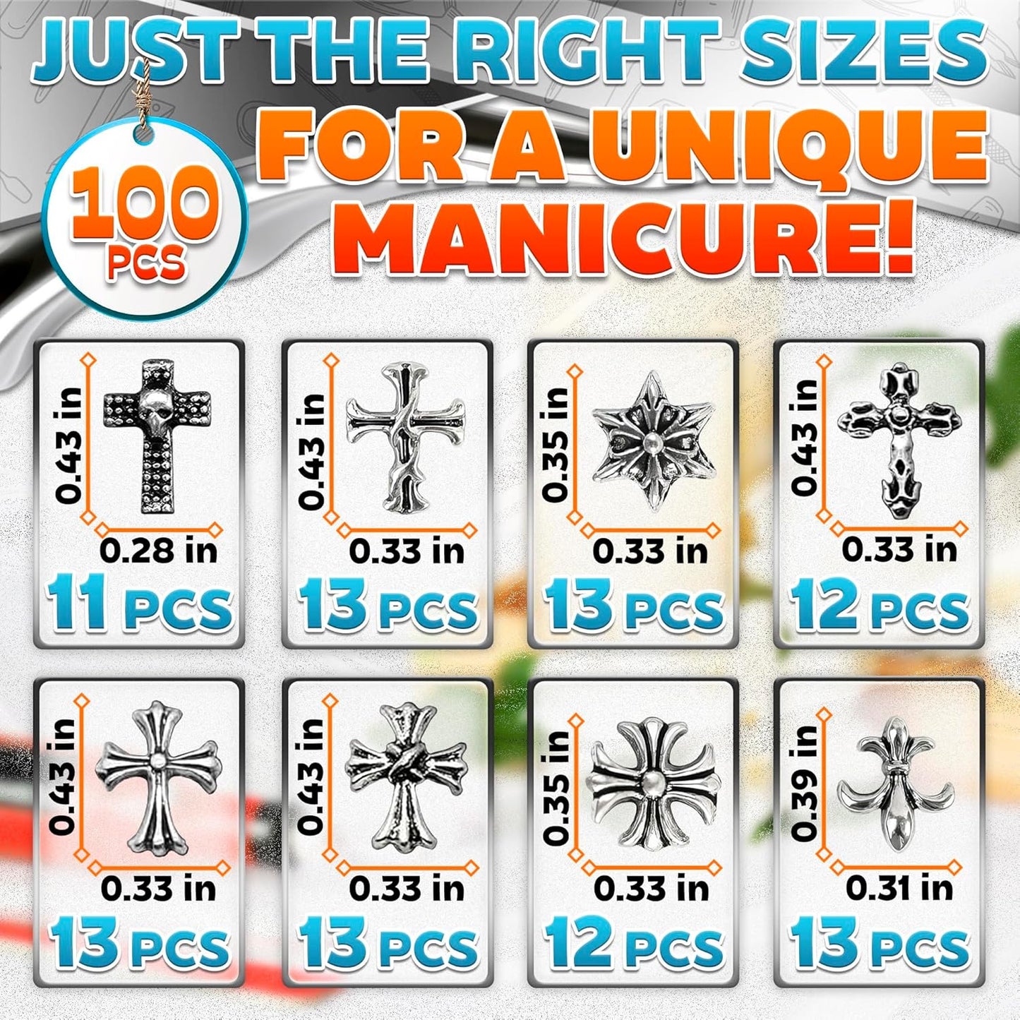 100 Pcs Silver Cross Nail Charms and Gems – 3D Acrylic Cross Charms for Nails for DIY & Professional Manicure – Easy-to-Apply & Durable Nail Decorations, Versatile for Y2K & Nail Studs