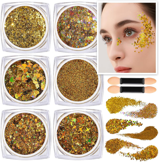 Teenitor Face Glitter Body Glitter, Clear White Body Glitter Gel, Hair Glitter Gel, 6 Shapes Rave Glitter, Mermaid Sequins Makeup Glitters Face Paint, Chunky Sparkling Glitter Gel for Women