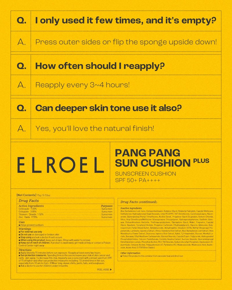 ELROEL Pang Pang Sun Cushion Plus - Korean Hypoallergenic & Lightweight Sunscreen with Puff Sponge - Broad Spectrum SPF50+ PA++++ (0.53 oz)