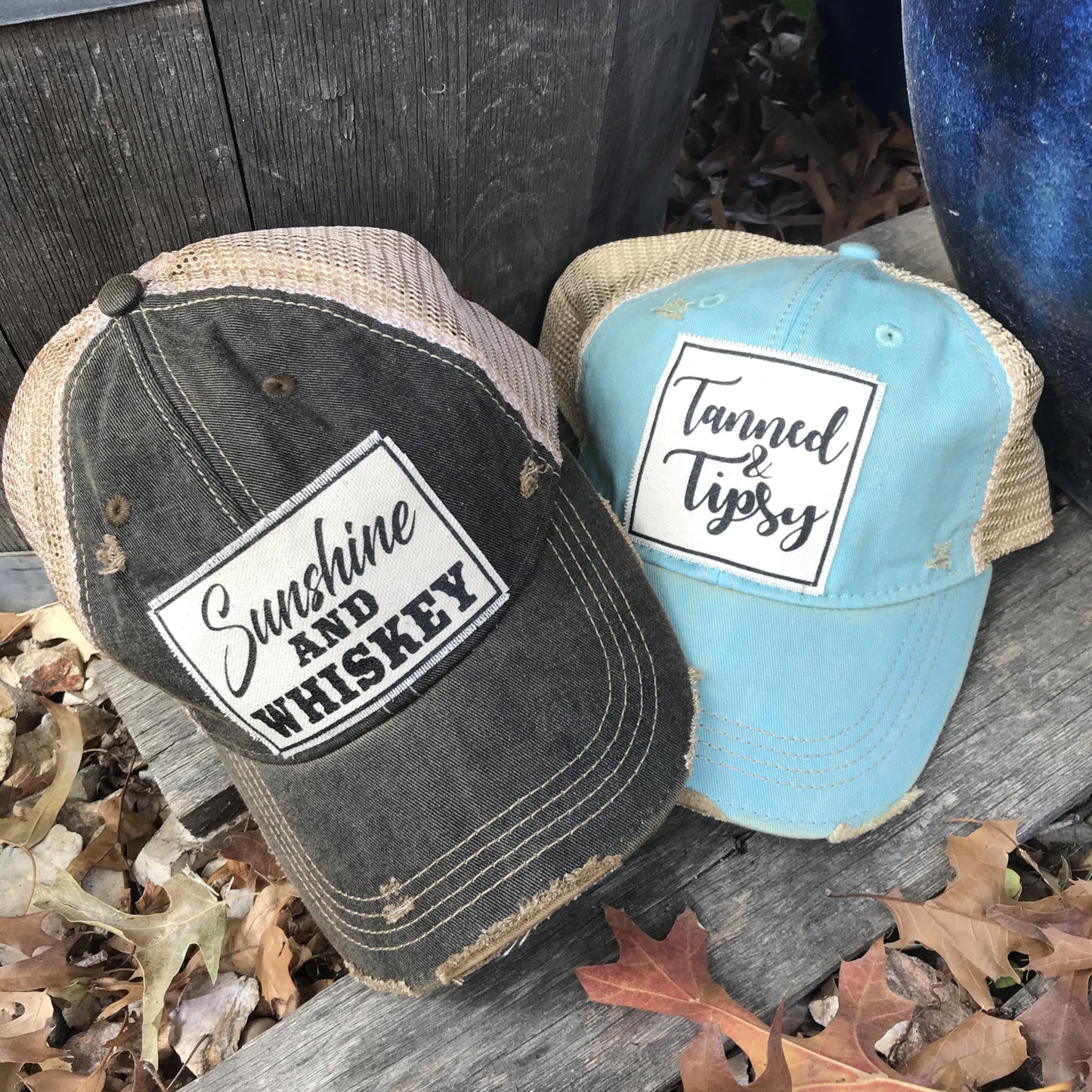 VINTAGE LIFE Baseball Cap for Women Funny Trucker Hat Cute Distressed Ball Caps (Tanned & Tipsy, Teal Blue)
