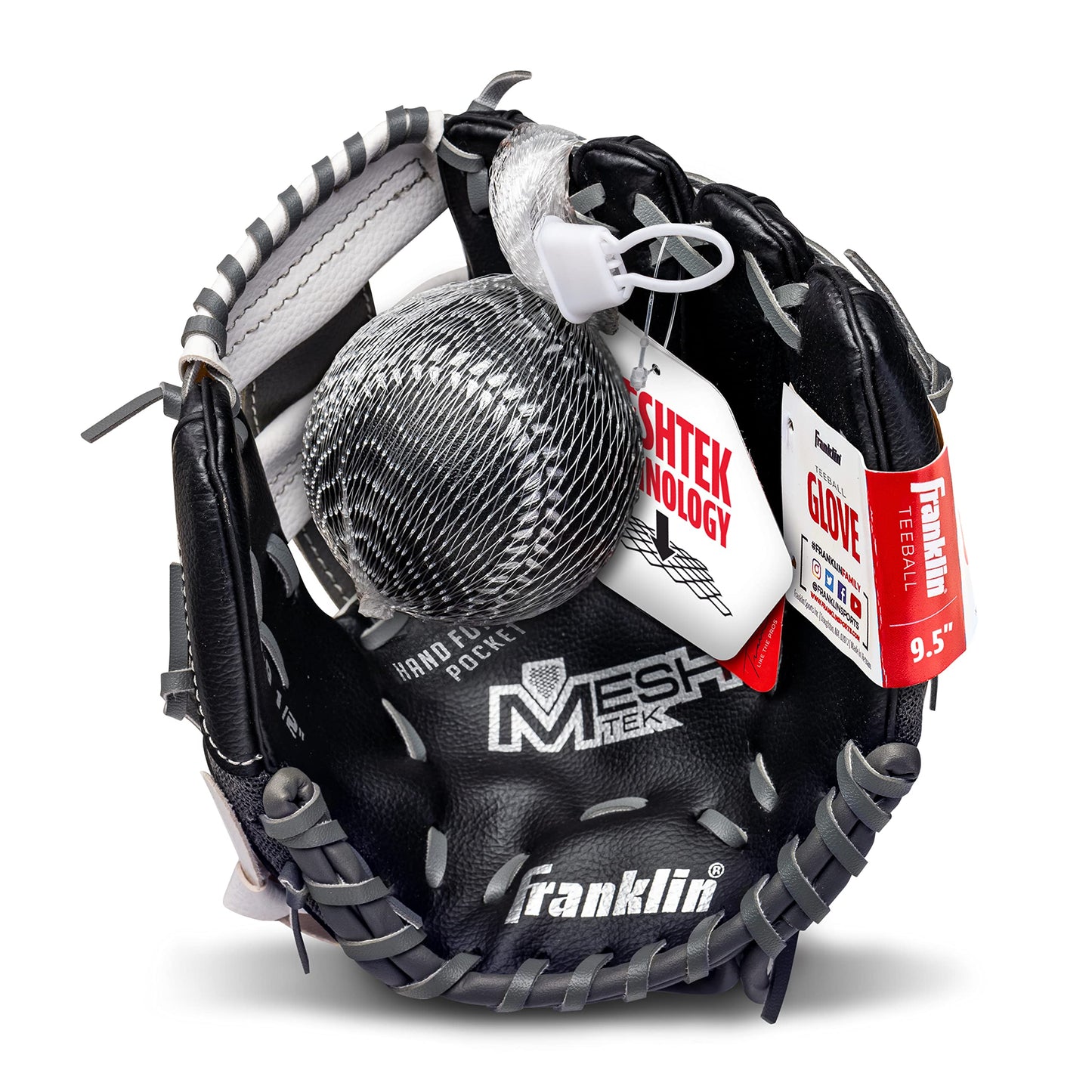 Franklin Sports Kids Baseball Gloves - Meshtek Child's Tball Glove + Ball Set - Boys + Girls Teeball Mitt Set - Kids + Toddler - Right Hand Throw - 9.5",Black/Graphite/White
