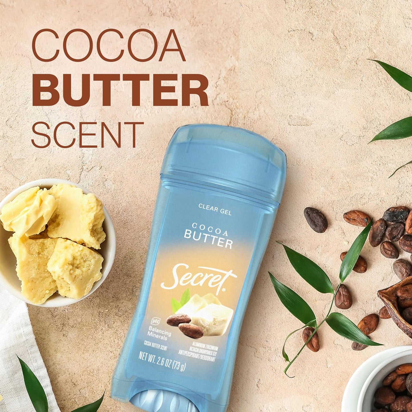 Secret Fresh Antiperspirant Deodorant for Women, 72hr Breathable Sweat & Odor Protection, Instant Freshness & Gentle, PH Balancing Minerals, Invisible Solid, Cocoa Butter Scent, 2.6 oz