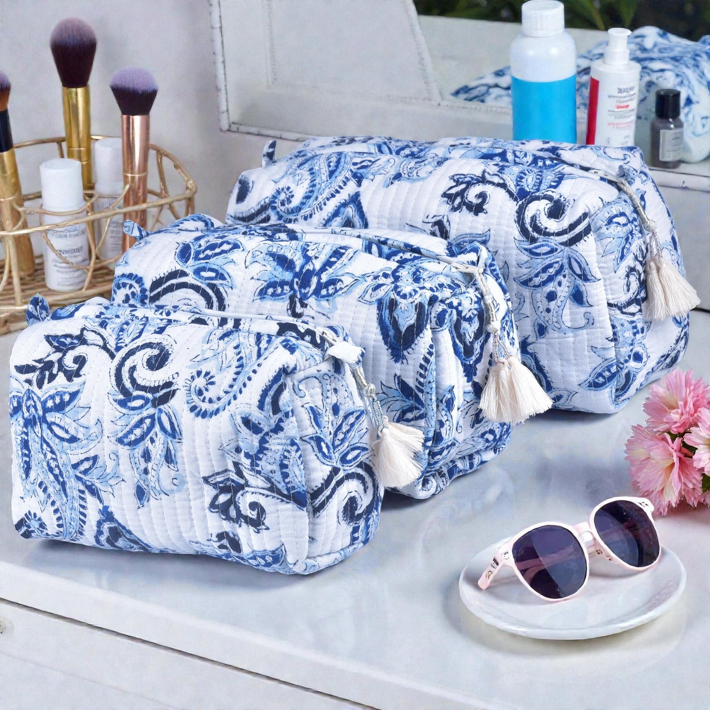 Quilted Floral Block Print Makeup Bag Set of 3 – Cotton Travel Toiletry and Makeup Organizer, Cosmetic Pouch, Toiletry Bag for Women, Cute Boho Coquette Make Up Bags for Women (Small, Medium, Large)