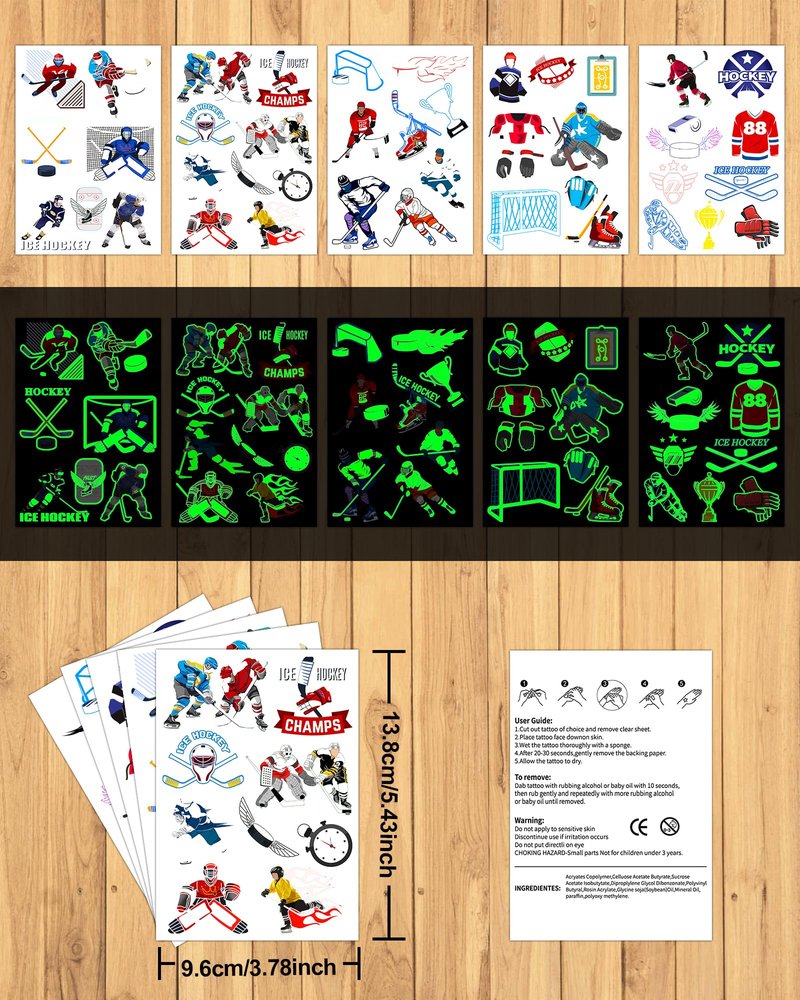 168 Pieces Luminous Hockey Temporary Tattoos Stickers,20 Sheets Glow in The Dark Ice Hockey Themed Tattoos Stickers Party Decoration Supplies Party favors for Kids Adults