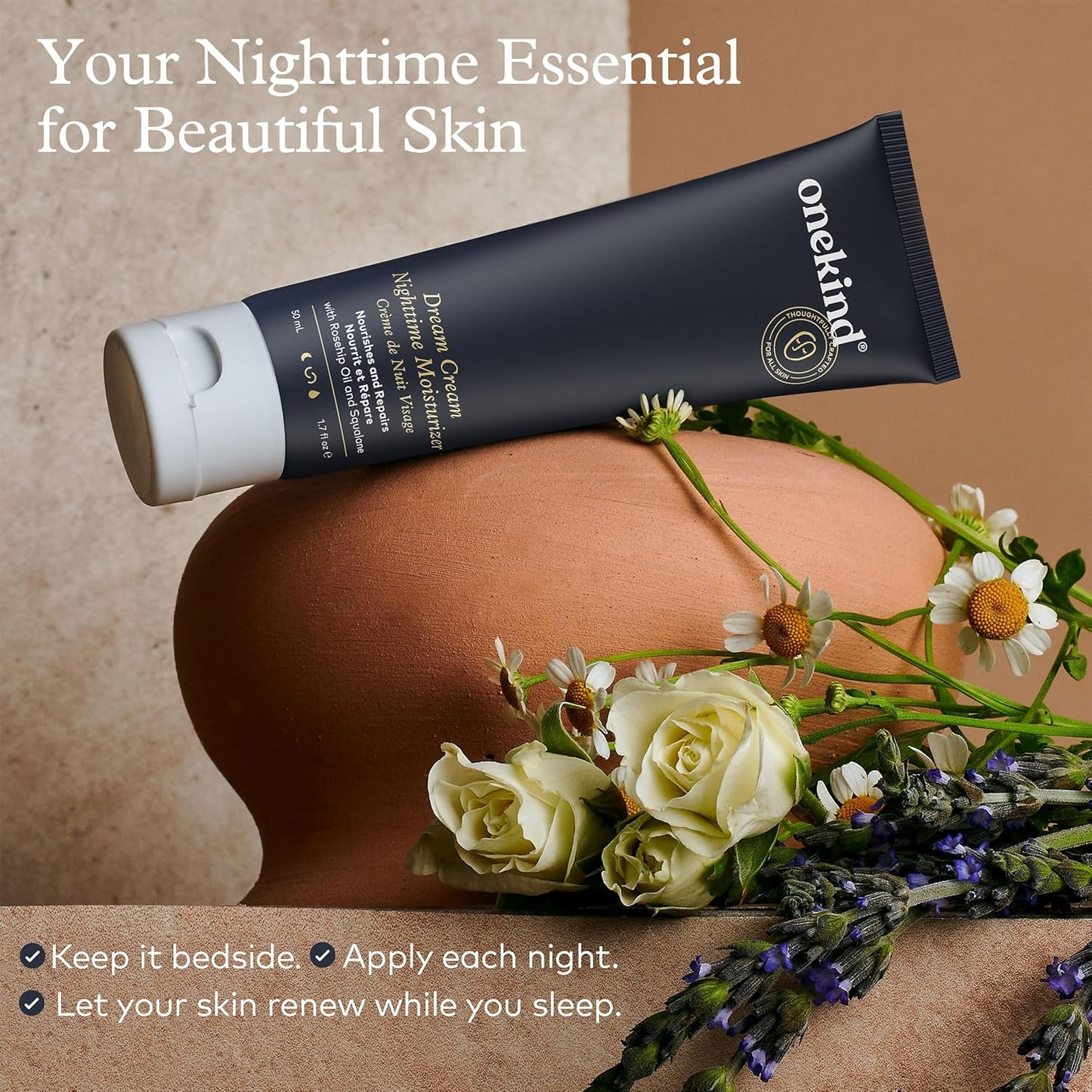 Onekind Night Moisturizer - Hydrating Dream Cream for Wrinkles & Anti-Aging | 1.7 oz, Squalane & Rosehip