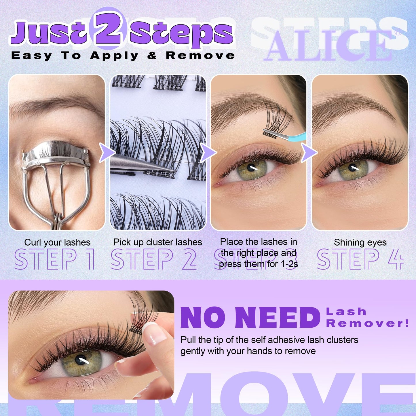 Self Adhesive Eyelashes Reusable Natural Self Adhesive Lash Clusters Wispy Press on Lashes Pre-Glue 8-12mm 120pcs C Curl DIY Eyelash Extensions Kit No Glue Needed by ALICE