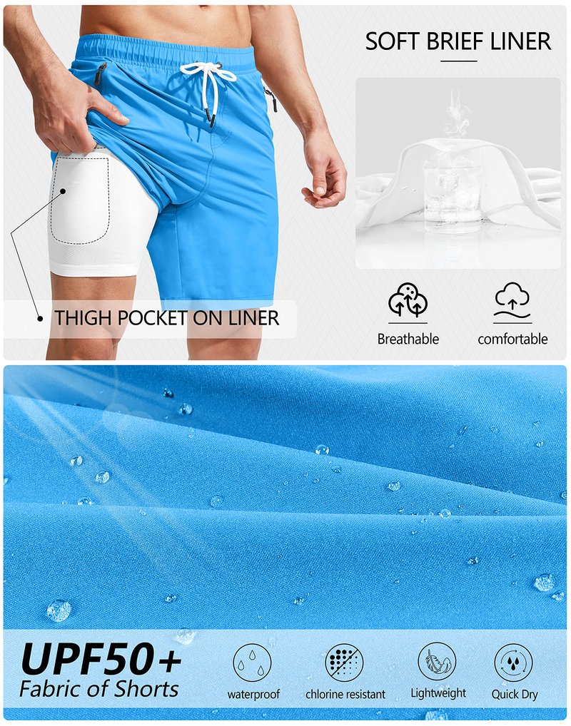 Viodia Men's Swim Trunks with Compression Liner Quick Dry Board Shorts Swimsuit Swimwear for Men with Zipper Pockets Blue