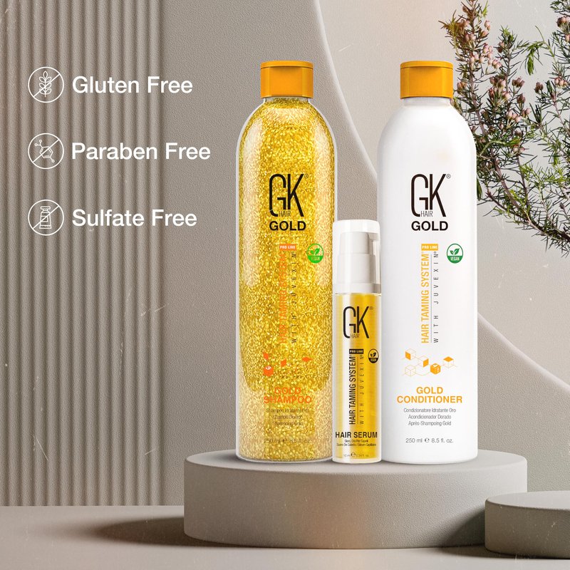GK Hair Gold Shampoo and Conditioner Duo with Free Argan Oil Serum Contains Argan Oil, Shea Butter, Natural Oils for Hairs Moisturizing Shine and Protection