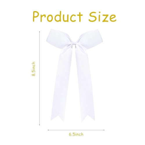 16Pcs Cheerleading Bows Long Tail Skinny Cheer Hair Bows Grosgrain Ribbon Elastic Bands Handmade Ponytail Holder for Cheerleading Girls School College Sports (Long White)