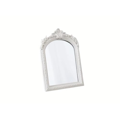 Small White Vintage Vanity Desk Makeup Mirror Antique Decorative Wall Mirror,Resin Carved Arch Table Mirror with Stand for Living Room,Bedroom Dresser,Desktop Decor 10.2" x 7"