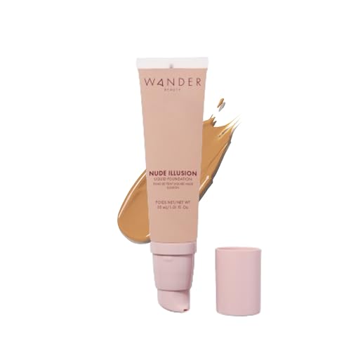 Wander Beauty Nude Illusion Liquid Foundation - Tan - Medium to Full Coverage Foundation - Natural Makeup with Vitamin E & Macadamia - Nude Skin Finish Blurs & Conceals - Travel-Friendly - 1.01 fl oz