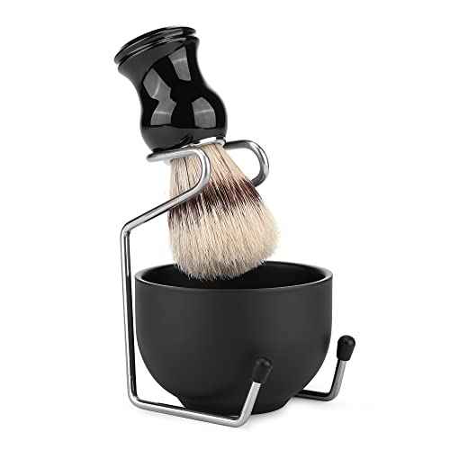 CCbeauty Mens Shaving Brush and Bowl Set, 4-in-1 Bristle Shave Brushes Kit with Stainless Steel Shaving Bowl & Soap Mug, Safety Razor Stand, Birthday Dad Gifts Set for Men, Black Soap 3.5Oz