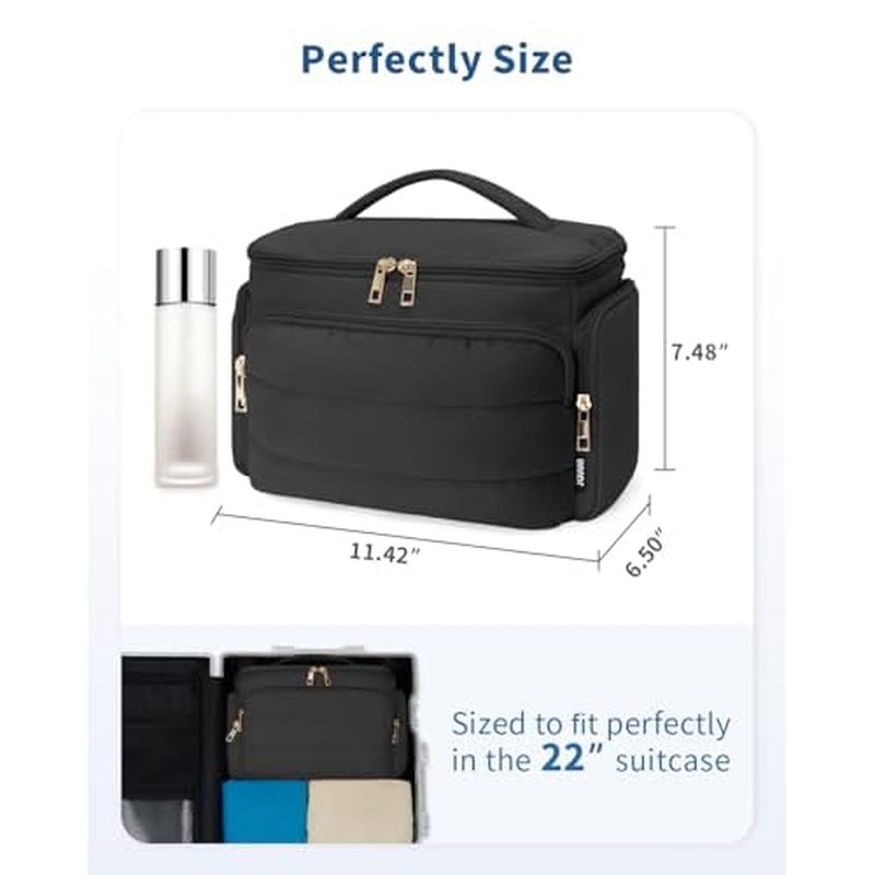 WANDF Travel Toiletry Bag for Women, Wide-open Large Makeup Bag with Handle, Puffy Makeup Organizer for Toiletries, Cosmetics, Accessories, Essentials (Black)