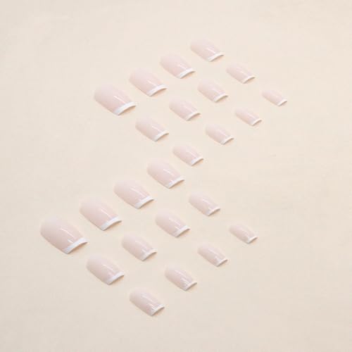White French Tip Press on Nails Short Square Fake Nails Acrylic Nails Press ons Glossy Reusable False Nails for Women Girls Daily Wear Manicure 24pcs