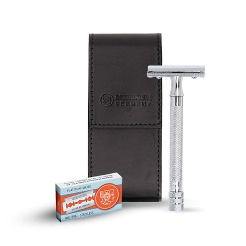 MERKUR 5005 Travel Shaving Set featuring MERKUR 23C Three-piece Safety Razor with Long Handle & Bright Chrome Finish, 10 Double Edge Blades & Black Leather Case | Made In Germany