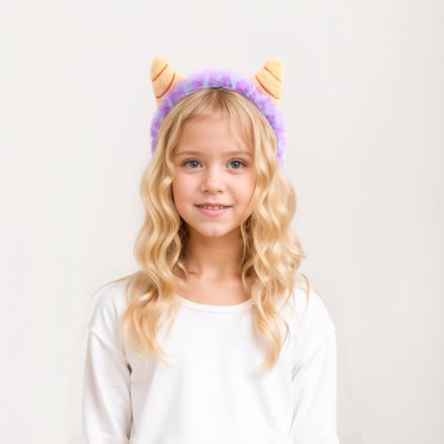 Face Wash Headband,Shaggy Monsters Headband with Horn Makeup Elastic Hairband Skincare Headbands for Women Cartoon Hair Accessories (Blue and Purple, Normal)