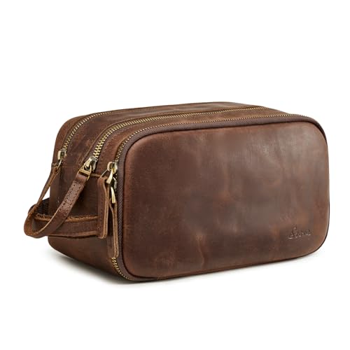 S-ZONE Leather Travel Toiletry Bag for Men Women Traveling Cosmetic Shaving Bags Dopp Kit