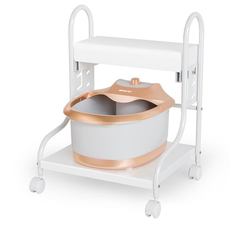 OmySalon Pedicure Cart Foot Bath Trolley, Adjustable Height Salon Trolley with PU Cushion, Portable Nail Esthetician Cart for Manicure & Foot Massage, Beauty Spa Supplies with Locking Wheels (White)
