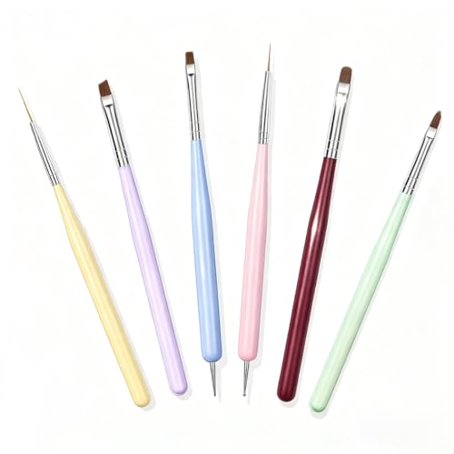 Nail Art Brushes, 6PCS Nail Design Painting Brush Sets with Nail Polish Brush Nail Liner Brush Nail Extension Gel Brush Builder Nail Gel Brush and Nail Dotting Tool for DIY Nail Art
