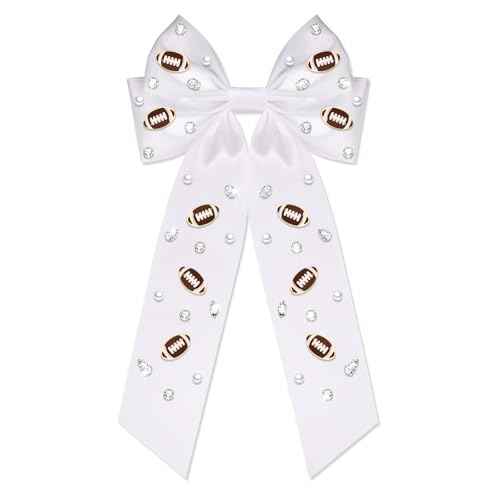 Football Hair Bow Clips for Women Game Day Hair Bows Jeweled Big Bows Long Tail Satin Hair Ribbons White Team Spirit Accessories Game Day Football Mom Accessories Outfits Gifts (Pattern A5)