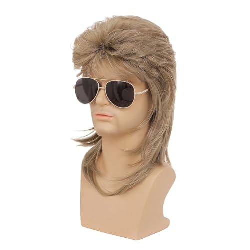 Swiking Mens Mullet Wig Light Brown Retro 70s 80s Disco Rocker Curly Punk Fancy Party Halloween Cosplay Costume Wigs (Light Brown)