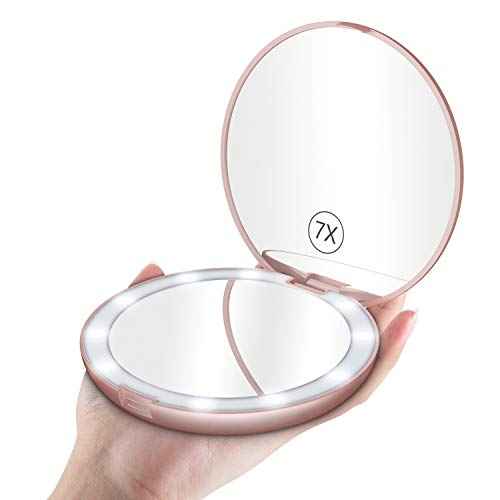 Benbilry LED Lighted Compact Travel Makeup Mirror with Lights, 1x/7x Magnification, 5 Inch Dual Sided Portable Illuminated ? Perfect for Handbag