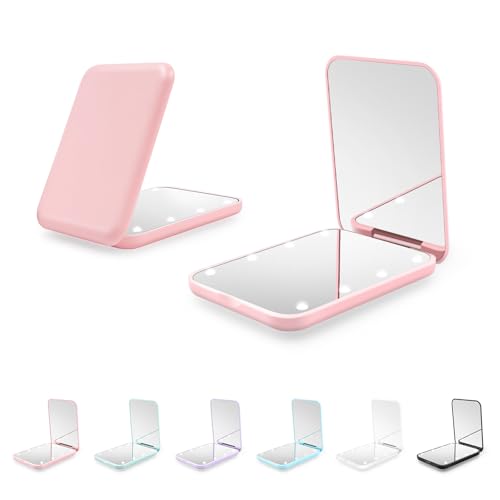 Compact Mirror, 1X/3X Magnification LED Pocket Mirror with Nternal BIattery, Mini Mirror for Purse, Pocket,Travel and Present (Pink)