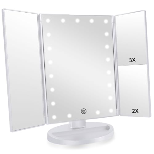 Trifold Makeup Mirror Vanity Mirror with Lights,1X 2X 3X Magnification,Touch Screen,180 Adjustable Rotation,Portable Travel Bathroom Cosmetic Mirror