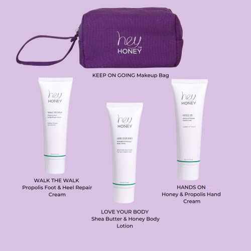 Hey Honey 4pc Set: Love Your Body Lotion, Walk The Walk Foot Cream, Hands On Honey Hand Cream, Eco Makeup Bag. Perfect for Valentine's, Xmas, Birthdays