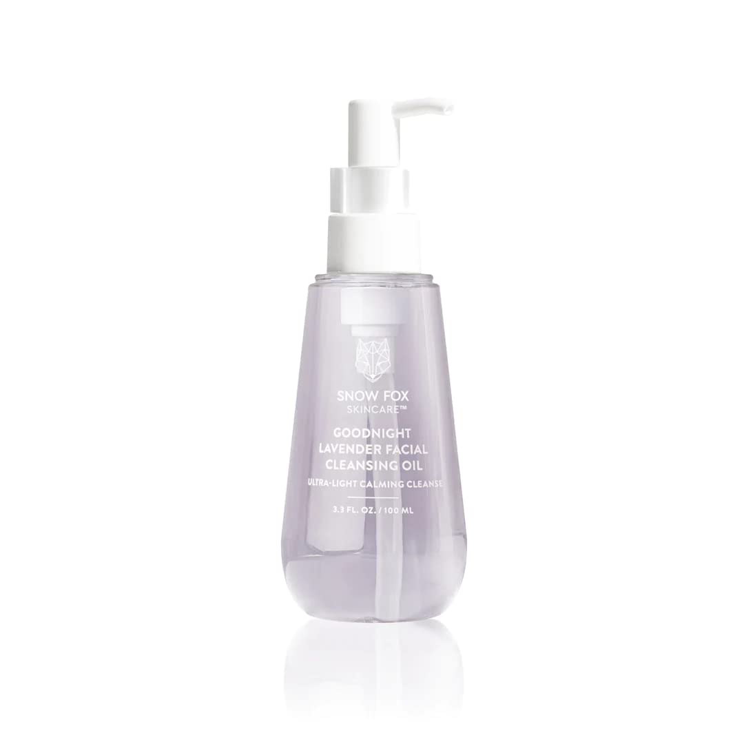 Snow Fox Skin Care Goodnight Lavender Facial Cleansing Oil – 2-in-1 Makeup Remover & Cleanser with French Lavender, Coconut Oil and Camellia – Removes Eye Makeup – Gentle, Non-Drying – 3.3oz