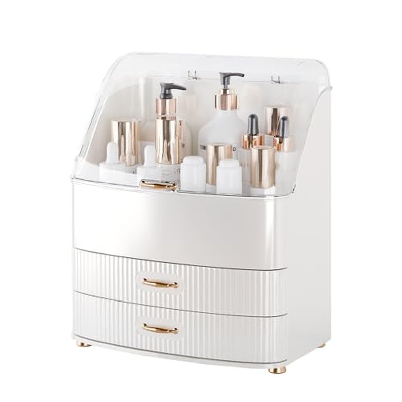 Makeup Organizer Countertop Vanity with Transparent Lid Drawers Waterproof Dustproof Cosmetic Skincare Bathroom Storage Gift for Women Teens Girls (Whtie)