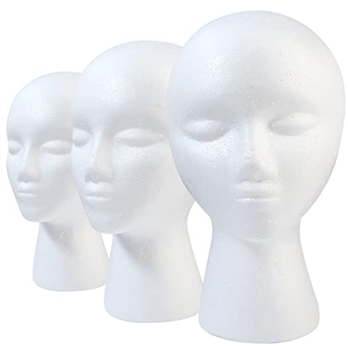 3 Pcs Foam Wig Head, Styrofoam Mannequin Head with Female Face for Multipurpose Wigs Display Stand, Model, Mask, Hat Display Stand, Art Work Painting