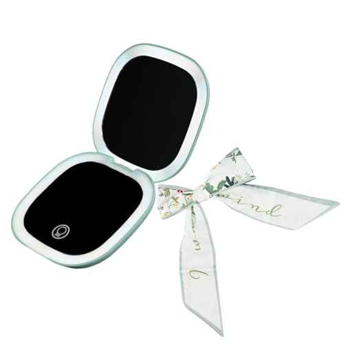 Makeup Mirror with Lights - Dual-Sided Green LED Pocket Mirror, 1X/5X Magnifying Travel Mirror, 3 Light Modes, Rechargeable Handheld Mirror for On-The-Go Makeup, Grooming, and Gifts