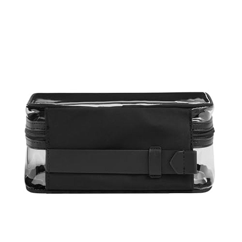 Away Clear Cosmetic Case for Travel, TSA Approved Double Compartment Makeup & Cosmetic Organizer with Leather Handle, Transparent Carry-On Pouch for Toiletries, Brushes & Essentials