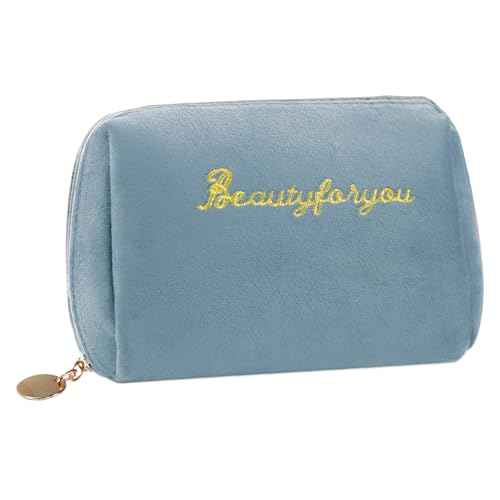 Velvet Makeup Bag, Portable Zipper Make Up Pouch, Cute Small Cosmetic Bag, Flannel Toiletry Bag, Travel Storage Bag Gifts for Women Girls(Blue)