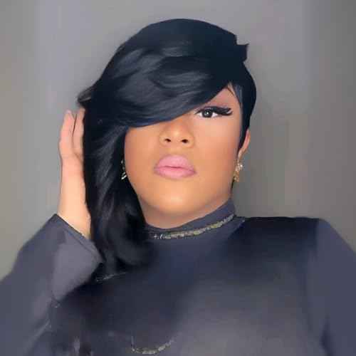 Chic Elegent Pixie Cut Human Hair Wigs for Women Short Layered Pixie Cut Straight Human Hair Wigs With Bangs Natural Black Color Glueless Brazilian Virgin Straight Human Hair Wig (1b)