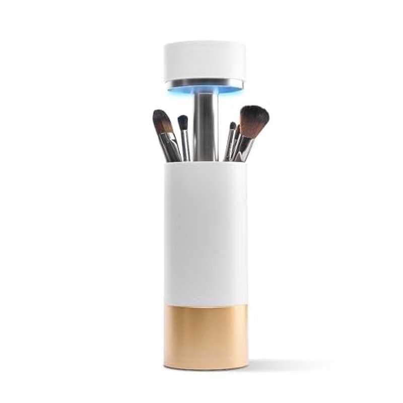 UVC Sanitizer with Ozone, Makeup Brush Holder, One Touch for Open, Dustproof Make Up Supplies Organized Storage, Stylish and Durable Design (Standard, White/Rose Gold)