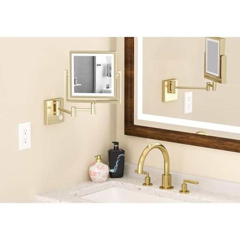 LED Lighted Makeup Mirror Wall Mounted Square, 1/3X Bathroom Magnifying Mirror Wall Mounted with Light, Touch Dimming, Rechargeable, PVD Zirconium Gold