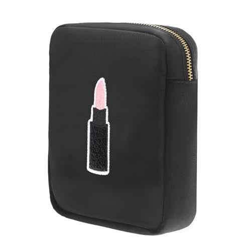 BLOC Bags Travel Makeup Bag, Cosmetic Bags for Women, Mini Makeup Bag, Cute Toiletry Bag, Beauty Bag with Chenille Patch, with Inside Zipper Pouch and Mesh Pockets (Lipstick, Black)