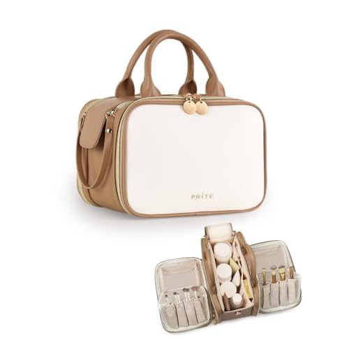 Prite Makeup Bag for Women, Large Capacity Waterproof Travel Cosmetic Organizer, Portable Open Flat Toiletry Bag with Free-standing Brush Holder and Handle(Beige Brown Large)