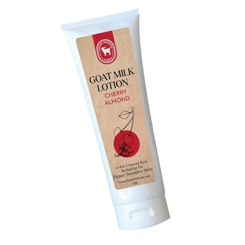 Honey Sweetie Acres Fresh Off The Goat All-Natural Goat Milk 8 oz Cherry Almond Body Lotion is a cruelty-free, handmade lotion that hydrates and moisturizes - Made in the USA