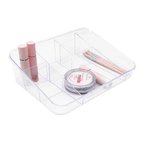 SUNFICON Makeup Tray Organizer Cosmetic Display Case Office Stationery Storage Holder Countertop Storage Unit Makeup Box for Bathroom Drawers,Vanities Office Desk,Washable Crystal Clear Acrylic