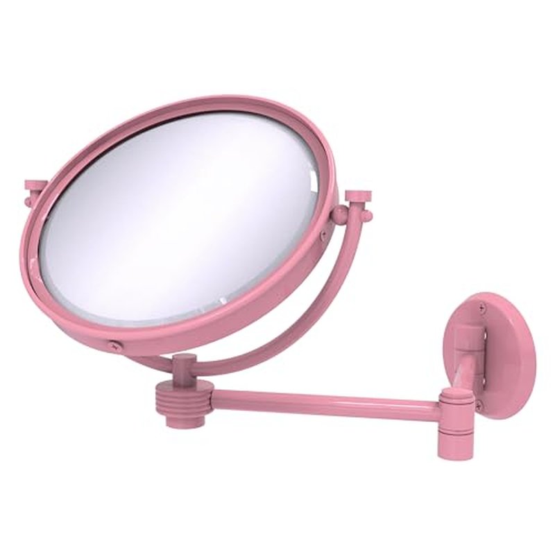 Allied Brass WM-6G/3X-PNK 8 Inch Wall Mounted Extending Make-Up Mirror 3X Magnification with Grooved Accent, Pink